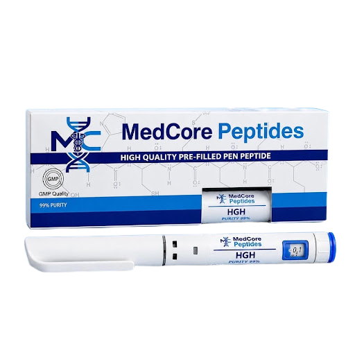 HGH Somatropin 50 IU Pen (Писалка) MedCore Peptides HGH предварително напълнена писалка и опаковка с 99% чистота